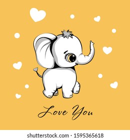 Cartoon cute baby elephant in love on yellow background. Hand drawn vector children illustration. Can be used for kids wear fashion design, t-shirt print, baby card