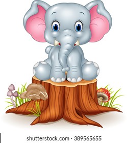 Cartoon cute baby elephant on tree stump