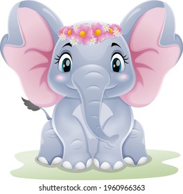 Cartoon cute baby elephant sitting in the grass