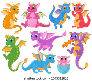Cartoon cute baby fairytale fantasy dragons characters. Medieval creatures dragon kids, fairytale legends dino babies vector illustration set. Little cartoon dragons medieval, mythological animals