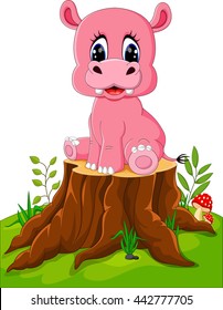 Cartoon Cute Baby Hippo On Tree Stump