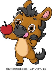 Cartoon cute baby horse holding apple fruit of illustration