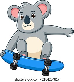 Cartoon cute baby koala playing skateboard