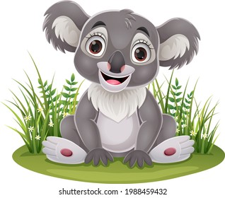 Cartoon cute baby koala sitting in the grass