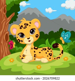 Cartoon cute baby leopard sitting in grass