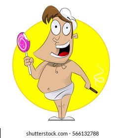 Cartoon cute baby with lollipop and cigar. Adult child. Bad habits concept illustration. Vector