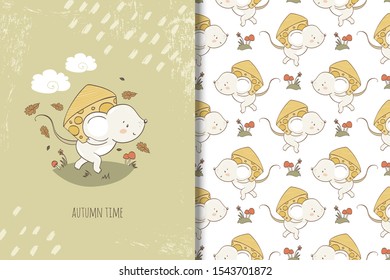 Cartoon cute baby mouse character with piece of cheese, autumn illustration. Kids Card print template and seamless background pattern. Hand drawn tee print design vector.