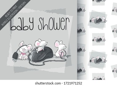 Cartoon cute baby mouse happy playing illustration for kids