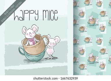 Cartoon cute baby mouse on cups seamless pattern