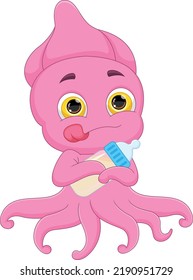 cartoon cute baby octopus holding a bottle