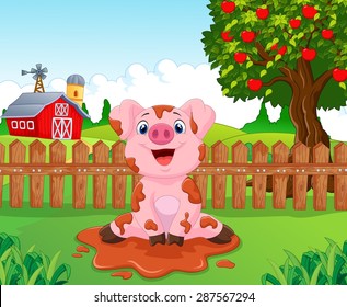 Cartoon cute baby pig in the garden 