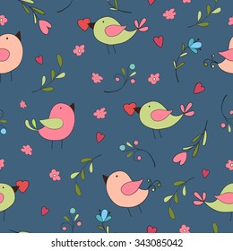 Cartoon cute baby seamless pattern with birds hearts and flowers