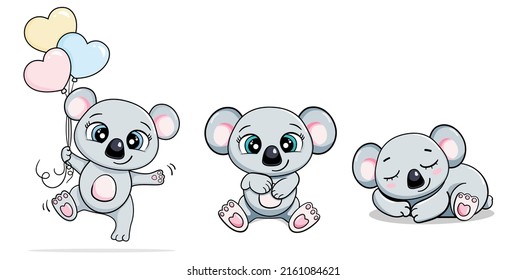 cartoon cute baby set koala jumping with heart balloons and sleep. vector illustration isolated card for boys and girls