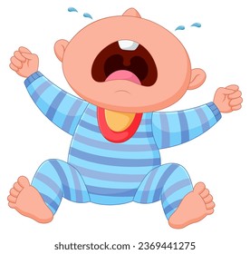 Cartoon cute baby sitting crying. Vector illustration