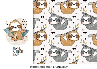 Cartoon cute baby sloth. Kids greeting card and seamless pattern set. Hand drawn tee print and textile design illustration. Jungle animal character.