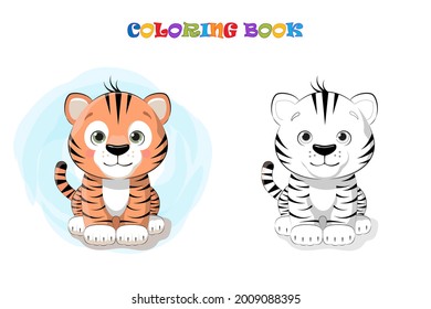 Cartoon cute baby Tiger. Coloring page and colorful clipart. Cute design for t-shirt print, icon, logo, label, patch or sticker. Vector illustration. Vector EPS 10
