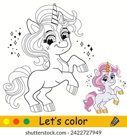 Cartoon cute baby unicorn. Kids coloring book page. Unicorn character. Black contour on a white background. Vector isolated illustration with color template. For coloring, print, design, stickers