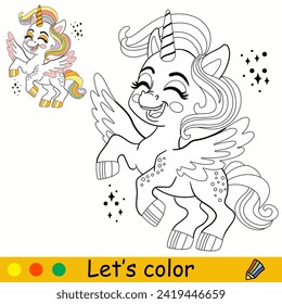 Cartoon cute baby unicorn with wings. Kids coloring book page. Unicorn character. Black contour on a white. Vector isolated illustration with colorful template. For coloring, clothes design, stickers