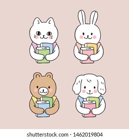 Cartoon cute back to school animals and book vector.
