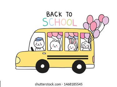 Cartoon cute back to school animals and school bus vector.