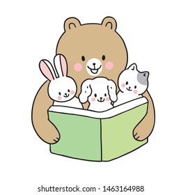 Cartoon Cute Back To School Bear Reading Book And Baby Animals Vector.