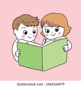 Cartoon cute back to school boy and girl reading book vector.
