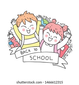 Cartoon cute back to school boy and girl vector.