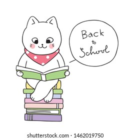 Cartoon cute back to school cat reading book vector.