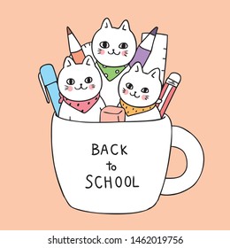 Cartoon cute back to school cat in bag vector.
