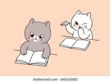Cartoon cute back to school cat playing vector.
