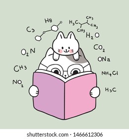 Cartoon cute back to school cat reading book vector.