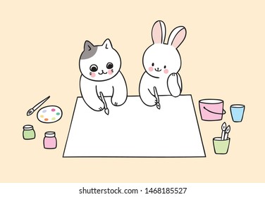 Cartoon cute back to school cat and rabbit in art class vector.