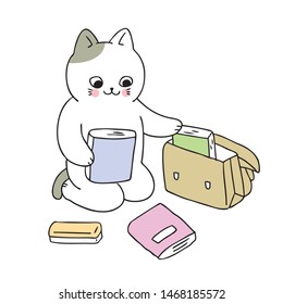 Cartoon cute back to school cat and book vector.