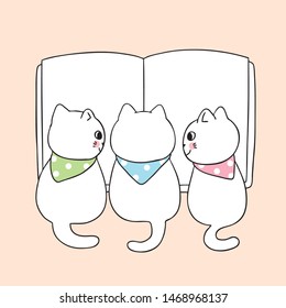 Cartoon cute back to school cat reading book vector.