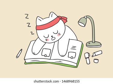 Cartoon cute back to school cat sleeping and book vector.