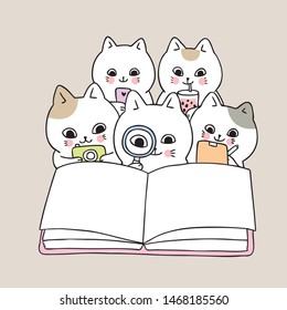 Cartoon cute back to school cats reading book vector.