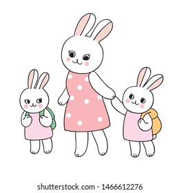 Cartoon cute back to school mother and baby rabbit vector.