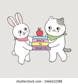 Cartoon cute back to school rabbit and cat hold a book vector.