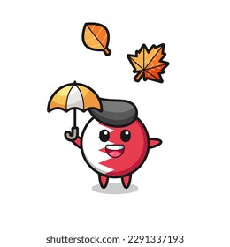 cartoon of the cute bahrain flag badge holding an umbrella in autumn , cute style design for t shirt, sticker, logo element