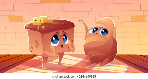 Cartoon cute bakery characters, cheerful fresh loaf and bread with butter personages stand on wooden table with checked tablecloth. Funny confectionery food, bake house mascots, Vector Illustration
