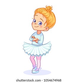 Cartoon cute ballerina girl stands in a confident pose, arms crossed over her chest. Little girl ballet dancer in a white tutu and pointe shoes. Colorful vector isolated kids illustration.