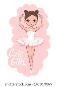 Cartoon cute ballerina. Hand drawn beautiful little girl.  Vector illustration