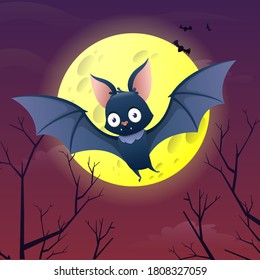 Cartoon cute bat flying against a large round moon background design for Halloween. Halloween mood Woodland background with the moon. Vector illustration