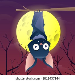 Cartoon cute bat hanging upside down on a branch. Design for Halloween; Halloween mood. Woodland in the background with moon. Vector illustration