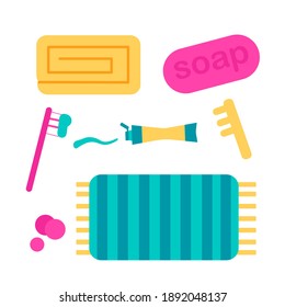 Cartoon süße Badwerkzeuge für Kinder. Handtuch, Zahnbürste, Zahnpasta, Seife. Tools Symbol-Artikelsammlung auf Weiß. Gesundheitsversorgung, Hygiene, Bademäntel Konzept. Einziger flacher Vektorgrafik-Set