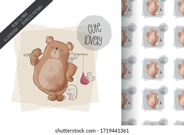 Cartoon cute bear with baby mouse illustration for kids