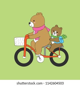 Cartoon cute bear and baby riding a bike to school vector.