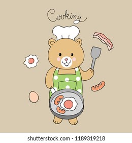 Cartoon cute bear cooking breakfast vector.