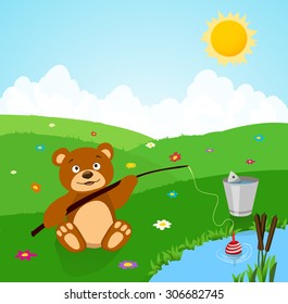 cartoon cute bear fishing. vector illustration