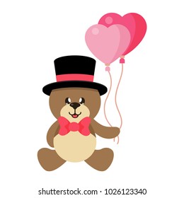 cartoon cute bear in hat sitting with tie and lovely balloons
